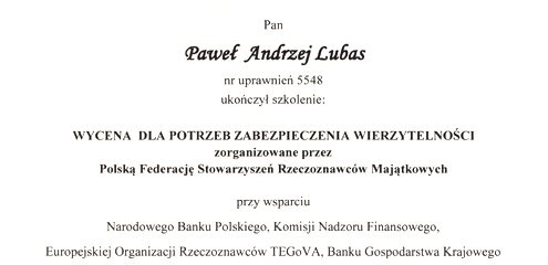 Certyfikat - kwalifikacje do wyceny na potrzeby banków