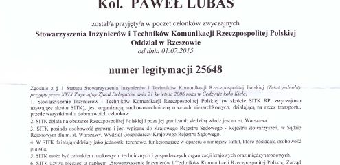 Zaświadczenie o przyjęciu do Stowarzyszenia Inżynierów i Techników Komunikacji