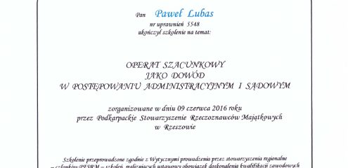 Zaświadczenie o ukończeniu szkolenia na temat "Operat szacunkowy jako dowód w postępowaniu administracyjnym i sądowym"